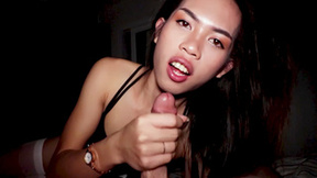 Skinny teen ladyboy Lee screwed by a huge cock after giving him a rimjob