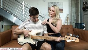 Boy tunes the guitar and hot step mom wants him to play with her pussy