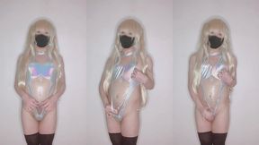 femboy in see-through shiny silver racing swimsuit releases her femboy juices