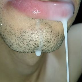 Cum in my mouth, play with your cum, and swallow it, close-up, naughty gay, tongue, sloopy