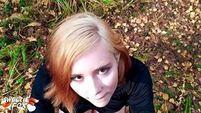 Amateur girlfriend gives a horny blowjob to her boyfriend under the trees