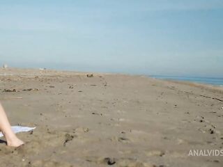 Nude, Euro beauties, Paola and Lily started giving a kiss on the beach and had an interracial trio