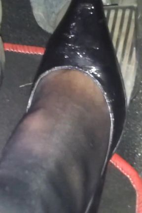 Sexy Speedy Driving in Patent Black Pumps and Seamed Black Pantyhose