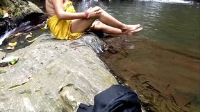 Old aunty was fucked in public while bathing in a pond in the forest