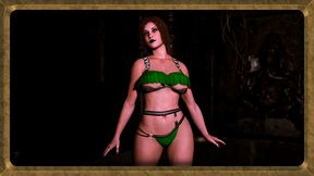 Busty doppelganger Lara Croft in sexy bikini show off oiled body in cave