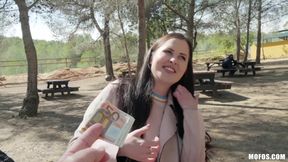 Long haired floozy pleasuring lucky guy for some cash