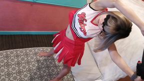 A cute, busty married woman performs exercise 4 in an erotic cheerleader costume. Peeking down from above. Home made amateur Private Shoot