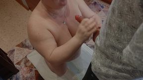 Mother-in-law Jerks off a Dick and Gets a Big Cumshot on Tits