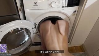 A guy fucks a girl who is stuck in a washing machine