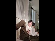 Sexy twink in suit swing his cock and cum all over your face and tongue for money