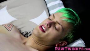 A twink sucks off his green-haired friend and takes his raw cock for a ride