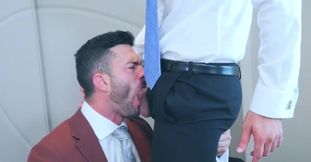 Hot guys in sexy suits fuck in a hotel room during their business trip