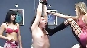 Biker tied up boots trampled & ballbusted by 2 doms