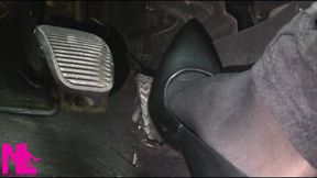 Revving and Driving in Black Pantyhose and Grey High Heels