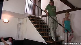 Wife in white stockings cuckolds husband