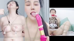 享受快乐的惩罚-- bdsm/粗糙麻绳/捆绑假阳具深喉/扣乳器/铃铛乳夹/分穴器/阴唇夹/ｍ字紧缚/女性射液/舔自己高潮液