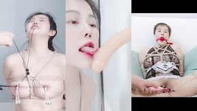 享受快乐的惩罚-- bdsm/粗糙麻绳/捆绑假阳具深喉/扣乳器/铃铛乳夹/分穴器/阴唇夹/ｍ字紧缚/女性射液/舔自己高潮液