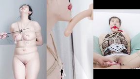 享受快乐的惩罚-- bdsm/粗糙麻绳/捆绑假阳具深喉/扣乳器/铃铛乳夹/分穴器/阴唇夹/ｍ字紧缚/女性射液/舔自己高潮液