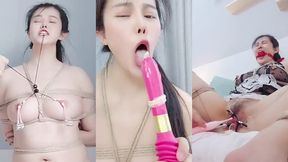 享受快乐的惩罚-- bdsm/粗糙麻绳/捆绑假阳具深喉/扣乳器/铃铛乳夹/分穴器/阴唇夹/ｍ字紧缚/女性射液/舔自己高潮液