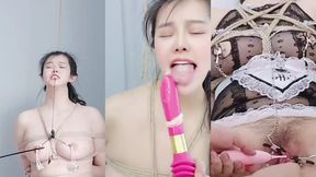 享受快乐的惩罚-- bdsm/粗糙麻绳/捆绑假阳具深喉/扣乳器/铃铛乳夹/分穴器/阴唇夹/ｍ字紧缚/女性射液/舔自己高潮液