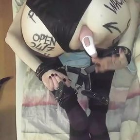 Femboy has huge vibrator stuck in his ass, with his wrists and ankles bound together