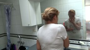 Stepmom, after peeing, masturbates, gives me a blowjob, and we end up fucking. I cum inside her.