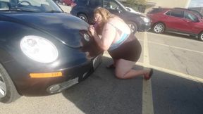 Sissy sucks dildo in public wearing swimsuit getting caught exposed and humiliated