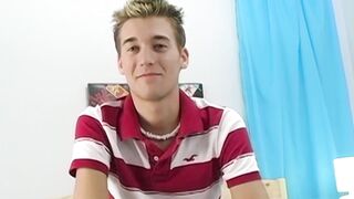 Petite gay Devin Becker plays with dildo while jerking off