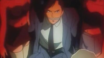 Two kinky dudes pound a tied-up anime chick in hot HD bondage action