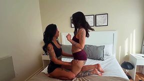 POV hardcore fuck with two inked brunettes in FFM threesome
