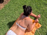Surprise piss for tanning teen in white bikini