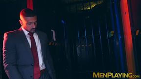 Suited Dani Robles and Marco Napoli had fun in a flip flop fucking in the sling