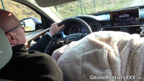 Naughty grandma sucks grandpas huge dick while he is driving