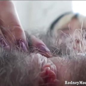 Super Hairy All Over Girl Plays with Pussy