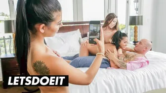 Step dad fucks his stepdaughters in a wild foursome