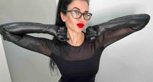 Leather long black gloves and handjobs with spit