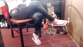 Flip flop shoe play leather pants