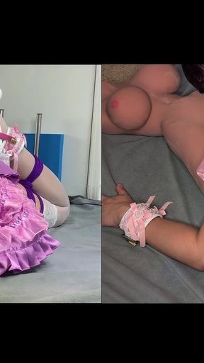Pink Sissy in Self Bondage Gets Locked to Her Doll and Fucked Hard by Machine