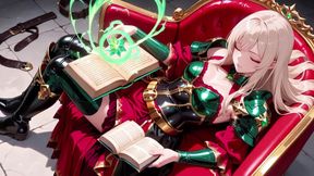 Forbidden Fantasy in Red & Green Armor! Blonde Knight Lounges Seductively While Her Silver -haired Partner Kneels to Serve