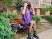 伪娘 // 性感网袜烧鸡露出自慰，射在自己胸罩上再穿起来