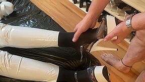 White Heels, White Leggings, Black Nylons