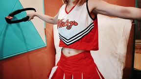 A cute, busty married woman does exercise 1 in an erotic cheerleader costume. Home made amateur Private Shoot