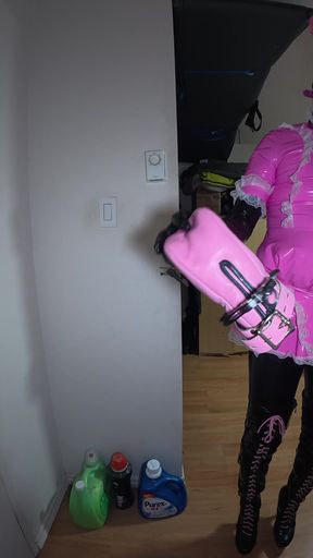 Sissy Maid Self Bondage Leather Mitts with Ankle Cuffs