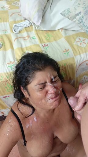 Indian Stepmother Ends up with Her Face Covered in Milk and Piss in Her Mouth After a Strong Blowjob