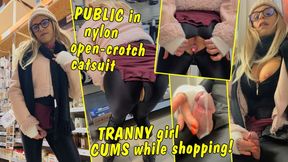 Public in a nylon open-crotch catsuit! Cute tranny girl cums while shopping!!