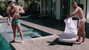 Hot pool cleaner Seth Santoro massages my ripped body before mounting my cock