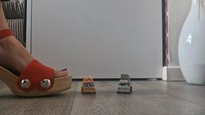 Toycar crush with red hard wooden clogs - can you watch this?
