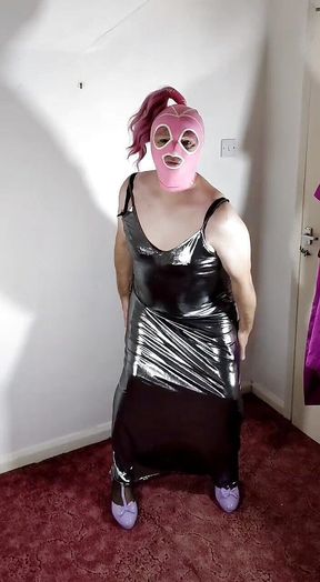 UK TV Slut Nottstvslut in Shiny Silver Ballgown. Hooded Latex