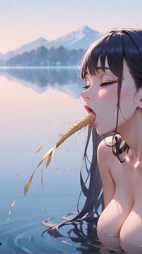 A Stunning, Azure-haired G/g Lies Naked in a Tranquil, Wintry Lake, Surrounded by an Powerful Vortex of Sensuality.