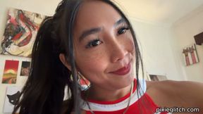 Petite Asian T-Girl Cheerleader Plays with Big Tits &amp; HUGE Cock